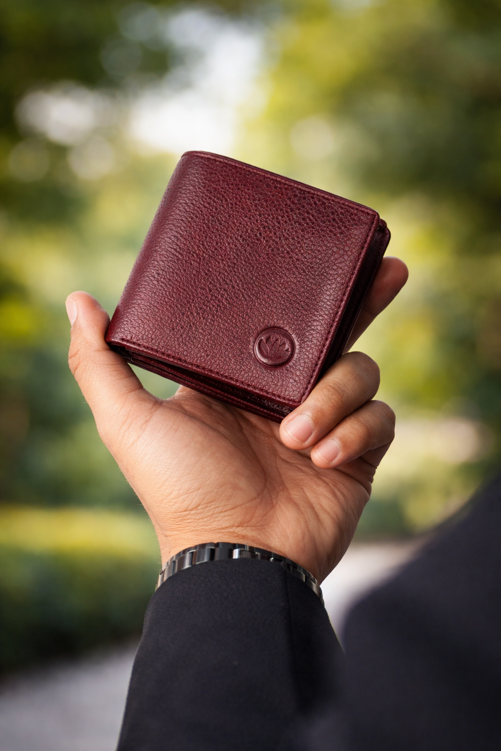Burgundy wallet in hand outdoors