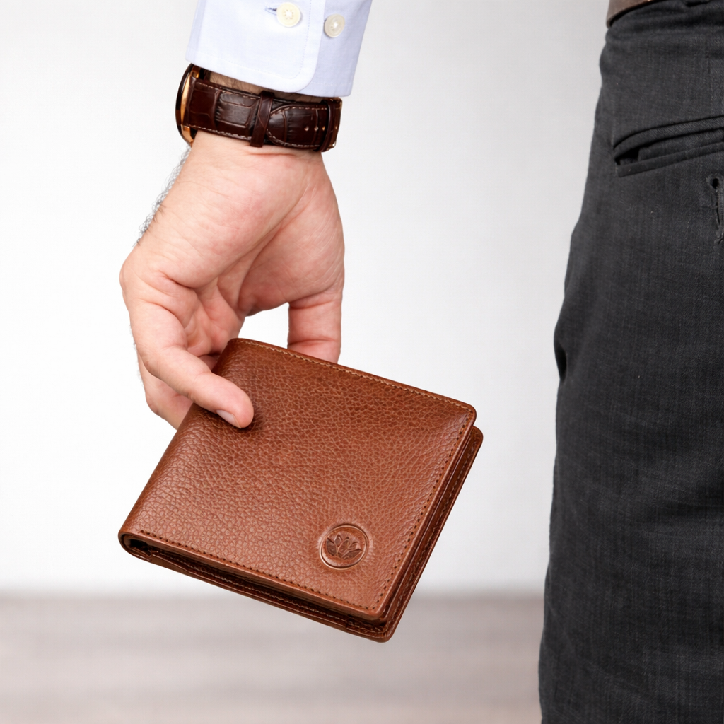 Elegant leather wallet in hand