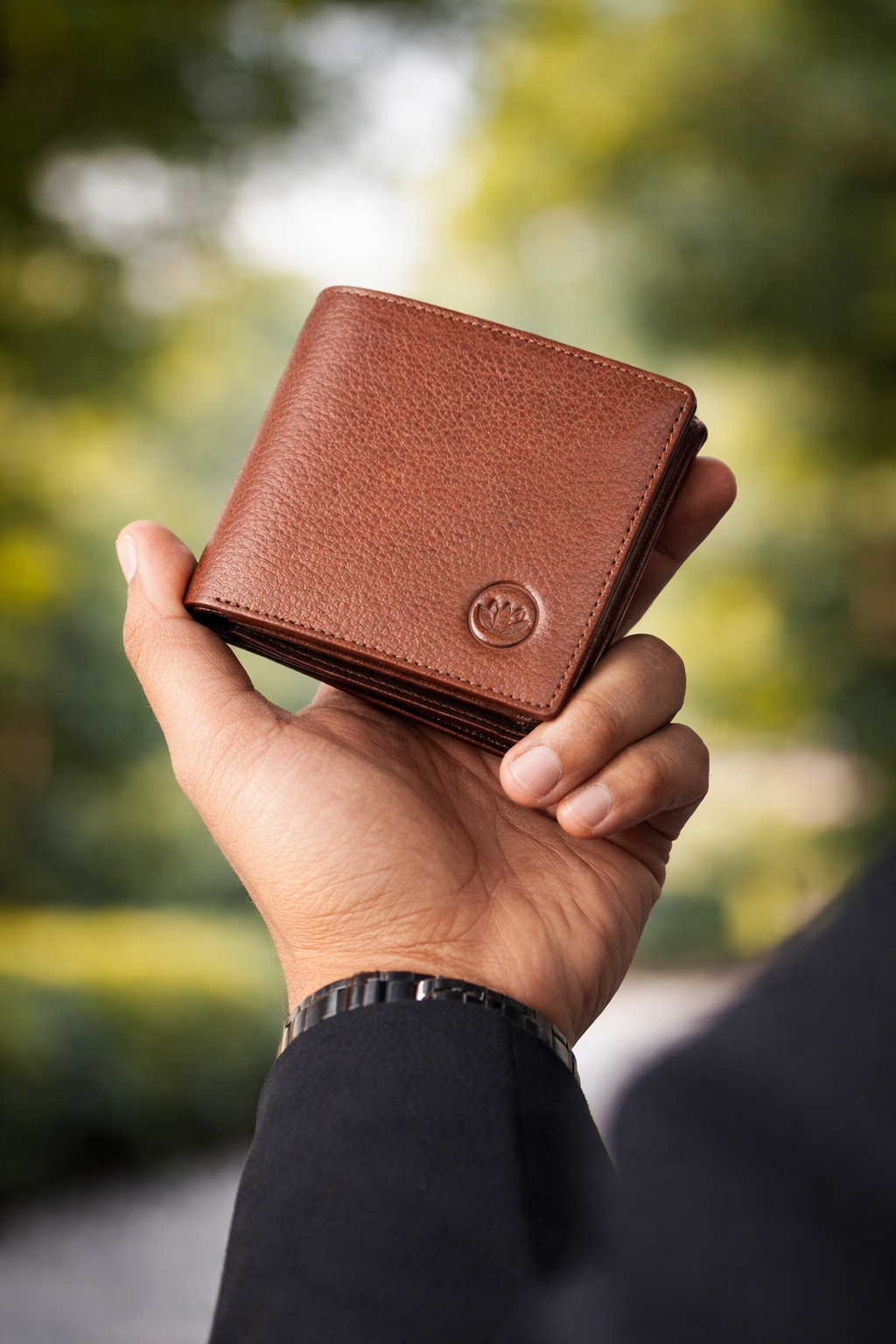 Hand holding textured tan leather wallet