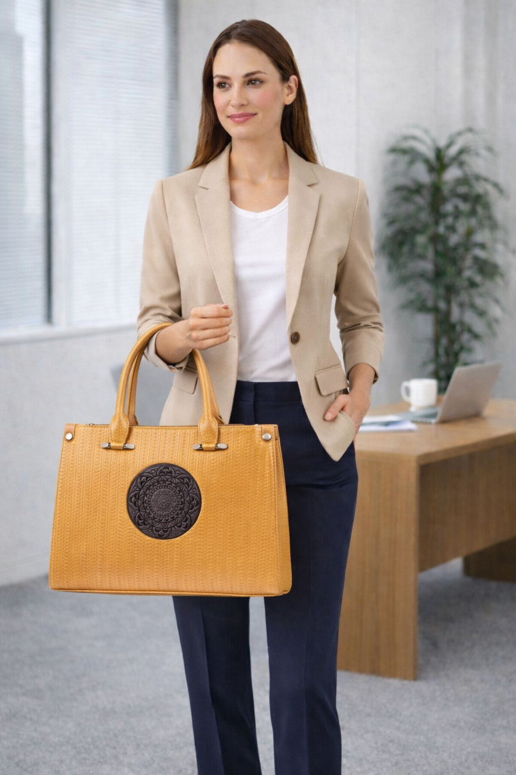 Professional woman with mustard-yellow handbag (1)